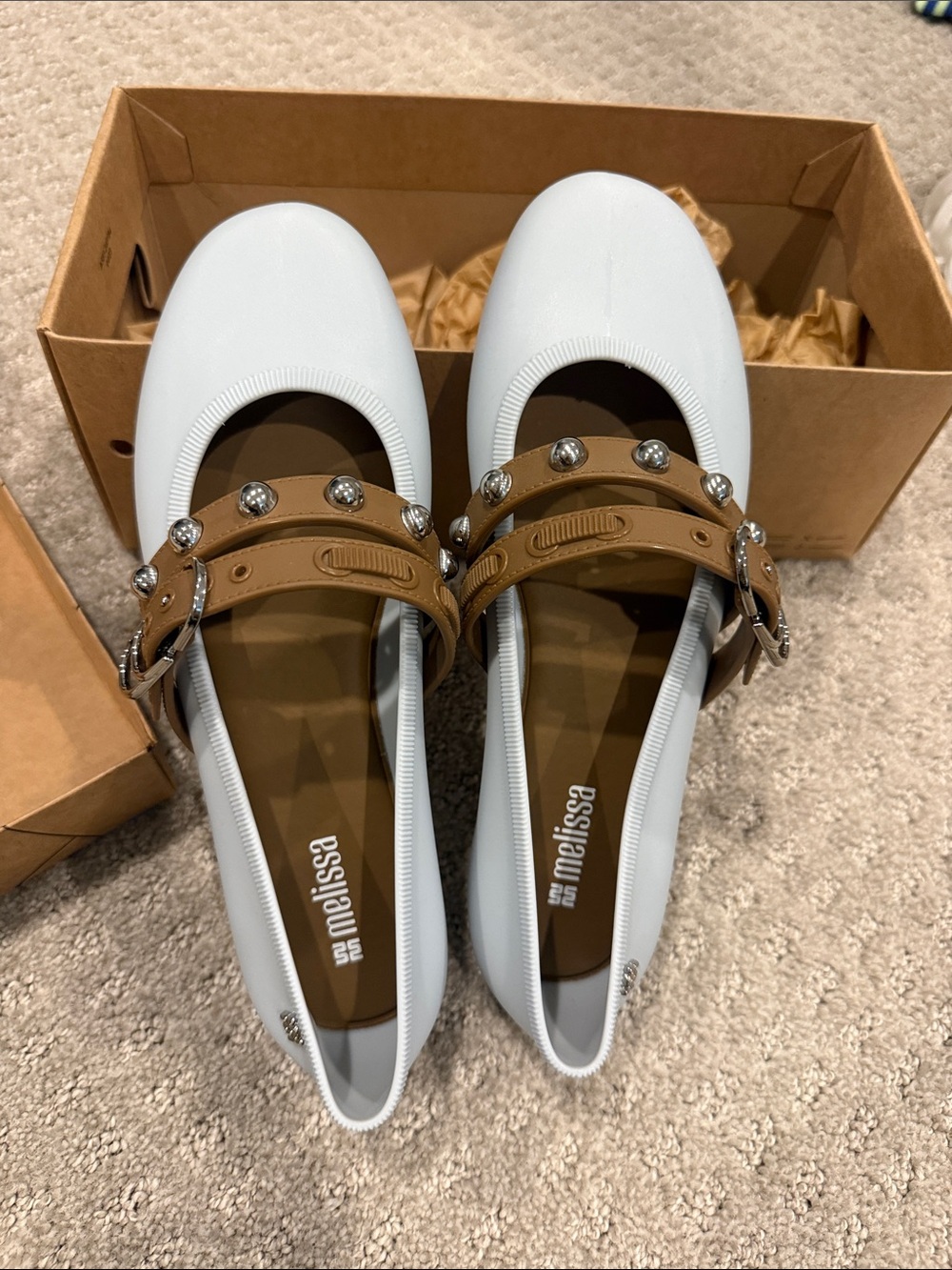 Melissa White Ballet Flats with Brown Studded Strap and Buckle